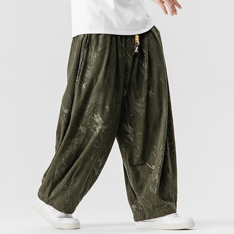 Buddha Stones Pantaloni lunghi da uomo in velluto a coste, stile vintage, casual, con coulisse e motivo drago, per autunno/inverno, modello harem con tasche. - image 1