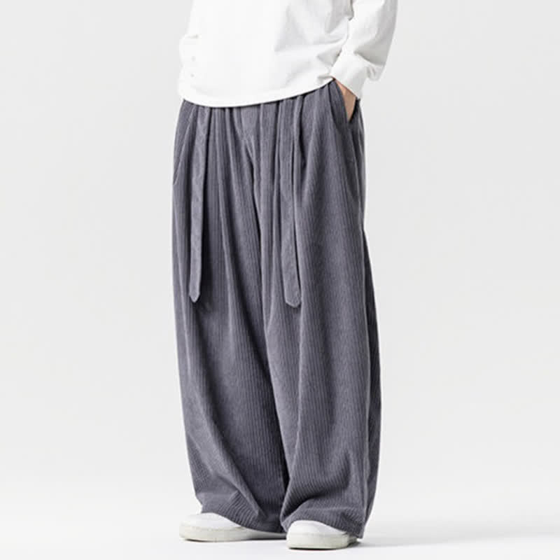 Buddha Stones Pantaloni lunghi da uomo in velluto a coste, tinta unita, stile vintage, con coulisse, per autunno/inverno, a gamba larga e tasche. - image 1