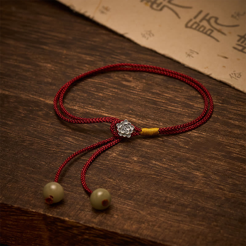 Buddha Stones Bracciale vintage in argento sterling 925 Lotus Purity con cordino intrecciato rosso. - Lotus (Circonferenza del polso: 5,5–7,1 pollici/14–18 cm) - image 0