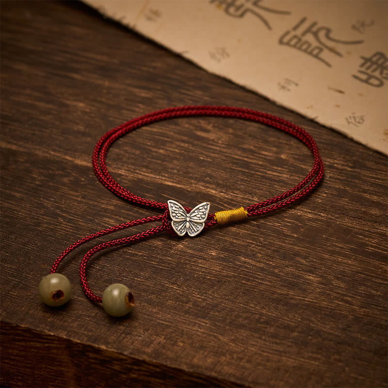 Buddha Stones Bracciale vintage in argento sterling 925 con farfalla protettiva e cordino rosso intrecciato. - Farfalla (Circonferenza del polso: 5,5–7,1 pollici/14–18 cm) - image 0