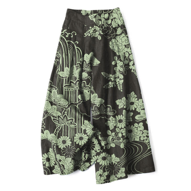 Buddha Stones Pantaloni da donna a gamba larga con elastico in vita e tasche, in cotone e lino, con fantasia floreale vintage. - Nero - US16, UK/AU20, EU48 (3XL) - image 0