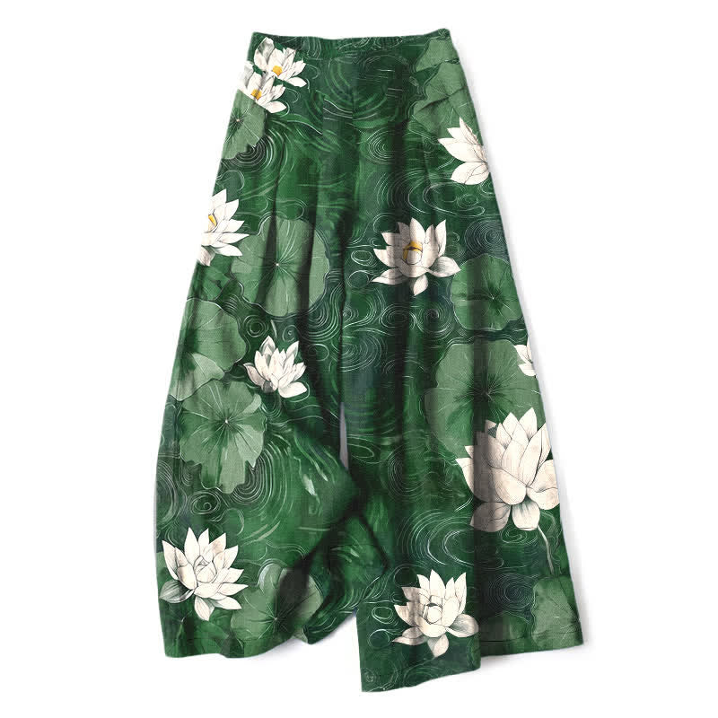 Buddha Stones Pantaloni da donna in cotone e lino con elastico in vita e gamba larga, fantasia floreale a foglie di loto e tasche. - Verde mare - US16, UK/AU20, EU48 (3XL) - image 0