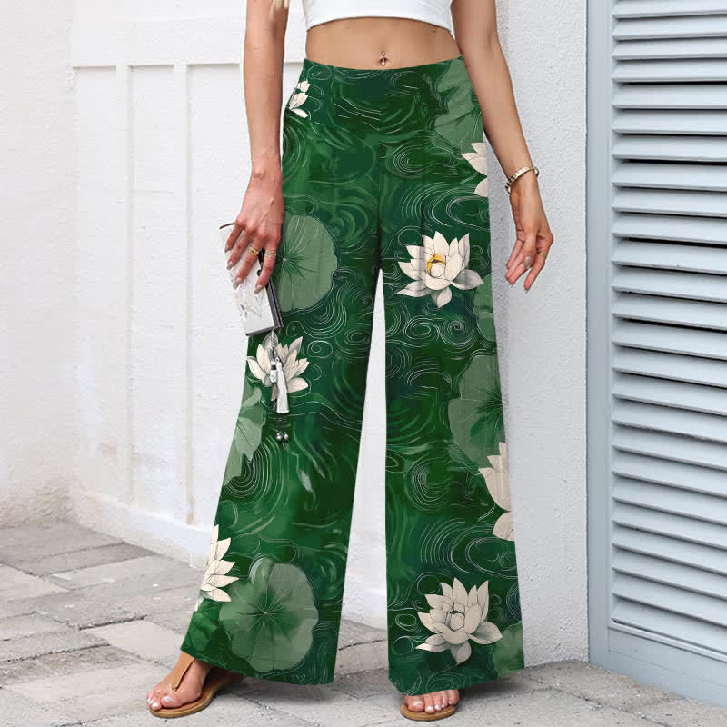 Buddha Stones Pantaloni da donna in cotone e lino con elastico in vita e gamba larga, fantasia floreale a foglie di loto e tasche. - image 1