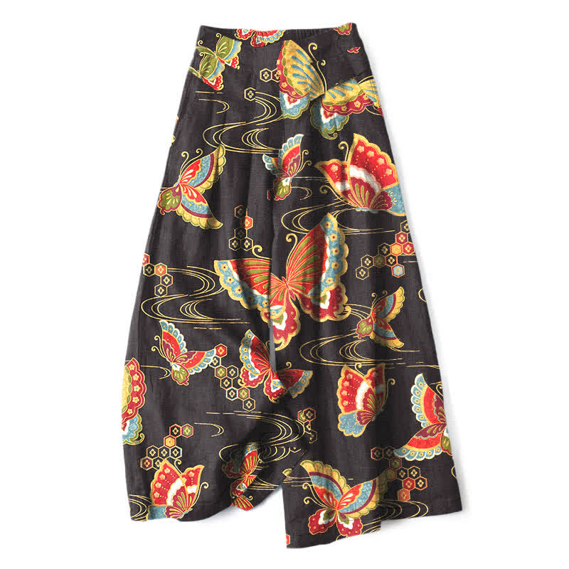 Buddha Stones Pantaloni da donna in cotone e lino, con elastico in vita e gamba larga, fantasia a farfalle colorate e tasche. - Nero - US16, UK/AU20, EU48 (3XL) - image 0