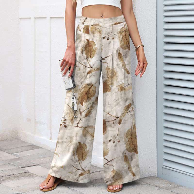 Buddha Stones Pantaloni da donna a gamba larga con elastico in vita e tasche, in cotone e lino, con fantasia botanica a foglie. - image 1