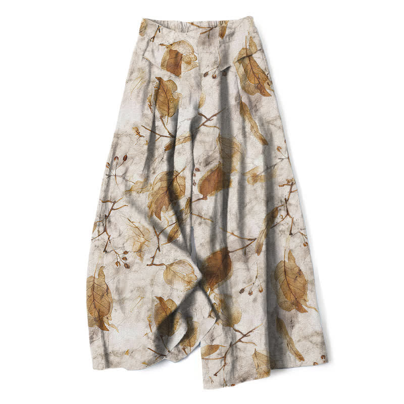 Buddha Stones Pantaloni da donna a gamba larga con elastico in vita e tasche, in cotone e lino, con fantasia botanica a foglie. - Beige - US16, UK/AU20, EU48 (3XL) - image 0