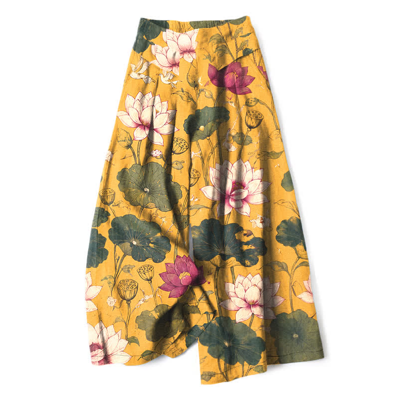 Buddha Stones Pantaloni da donna in cotone e lino con elastico in vita e gamba larga, fantasia a fiori di loto tropicali, con tasche. - Verga d'oro - US16, UK/AU20, EU48 (3XL) - image 0