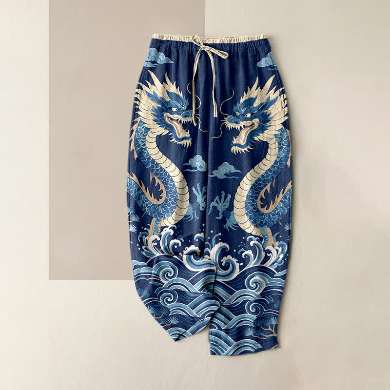 Buddha Stones Pantaloni da donna in puro cotone con elastico in vita e tasche, fantasia a onde e drago gemello. - Marina - US16, UK/AU20, EU48 (3XL) - image 0