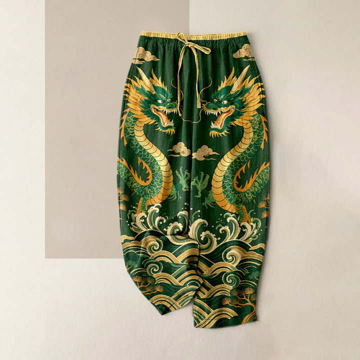 Buddha Stones Pantaloni da donna in puro cotone con elastico in vita e tasche, fantasia a onde e drago gemello. - Verde studentesco - US16, UK/AU20, EU48 (3XL) - image 4