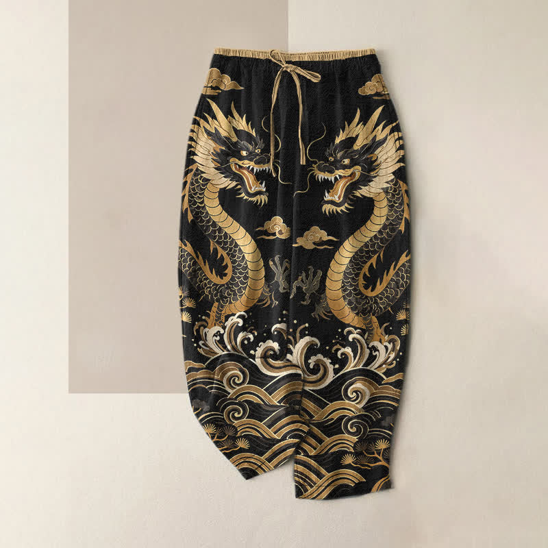 Buddha Stones Pantaloni da donna in puro cotone con elastico in vita e tasche, fantasia a onde e drago gemello. - Nero - US16, UK/AU20, EU48 (3XL) - image 5