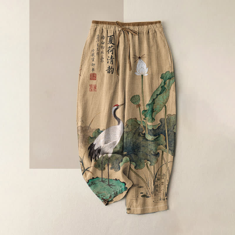 Buddha Stones Pantaloni da donna in puro cotone con elastico in vita e tasche, fantasia a inchiostro di loto e gru. - Legno robusto - US16, UK/AU20, EU48 (3XL) - image 0