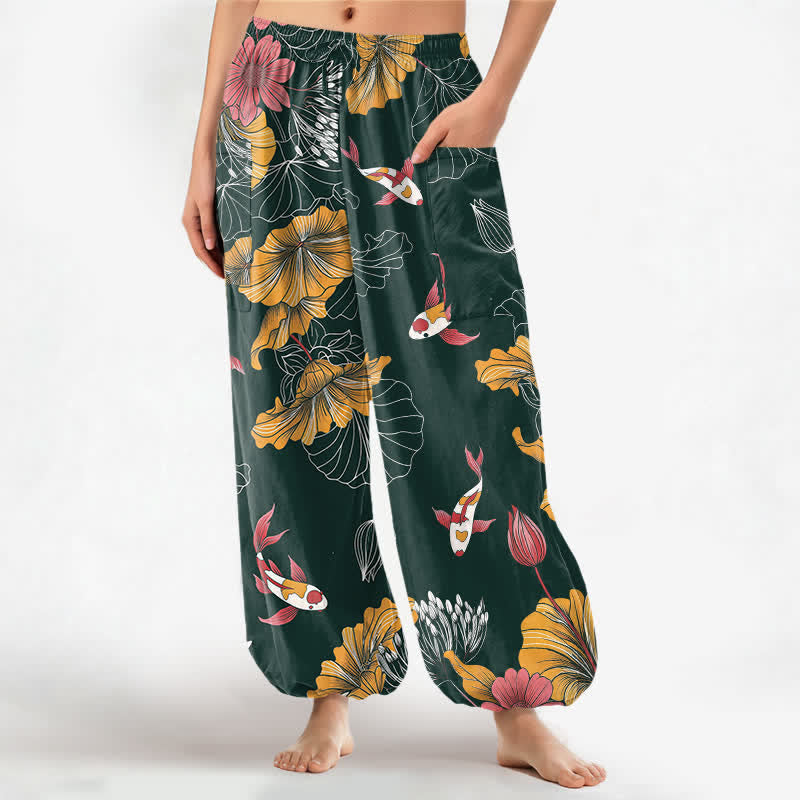 Buddha Stones Pantaloni harem da donna in cotone vintage con motivo floreale Lotus Koi e vita elasticizzata, con tasche laterali. - Verde scuro - US16, UK/AU20, EU48 (3XL) - image 0