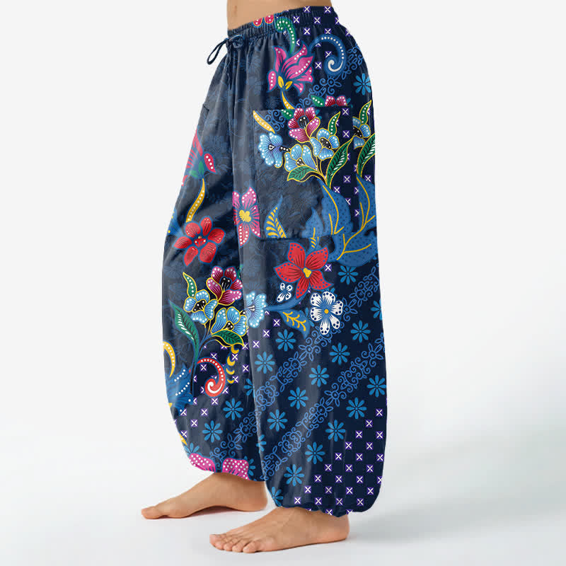 Buddha Stones Pantaloni harem da donna in cotone con elastico in vita e tasche laterali, fantasia geometrica etnica a fiori. - image 1