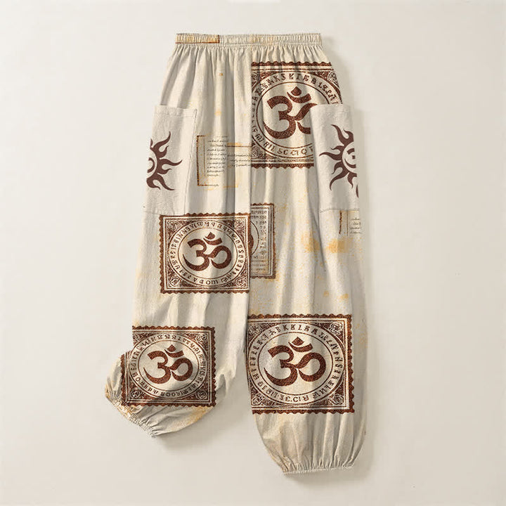 Buddha Stones Pantaloni harem da donna in cotone vintage con motivo Om e sole, vita elasticizzata e tasche laterali. - image 4