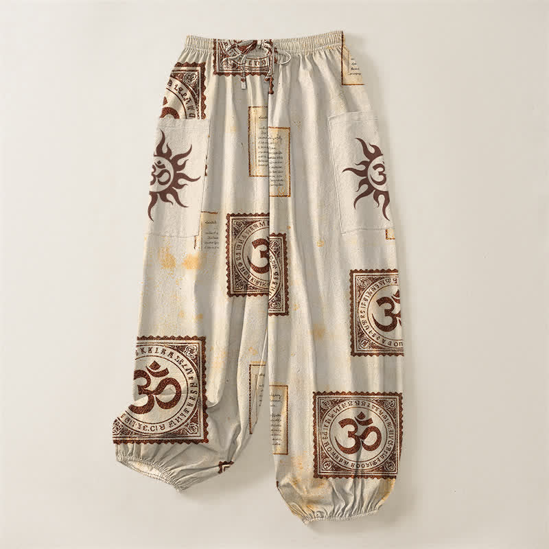 Buddha Stones Pantaloni harem da donna in cotone vintage con motivo Om e sole, vita elasticizzata e tasche laterali. - image 3