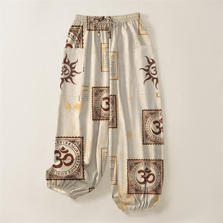 Buddha Stones Pantaloni harem da donna in cotone vintage con motivo Om e sole, vita elasticizzata e tasche laterali. - image 3