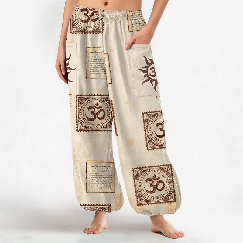 Buddha Stones Pantaloni harem da donna in cotone vintage con motivo Om e sole, vita elasticizzata e tasche laterali. - Beige - US16, UK/AU20, EU48 (3XL) - image 0