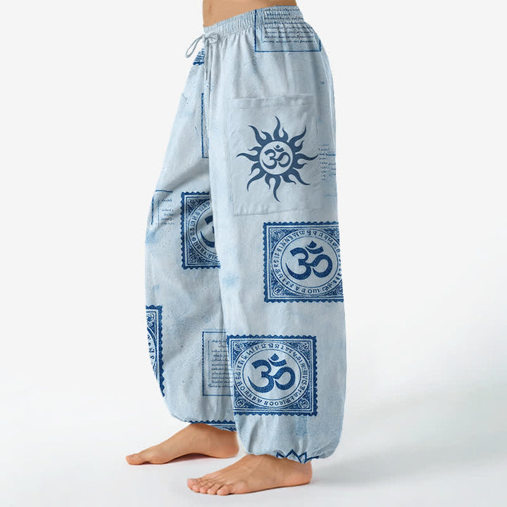 Buddha Stones Pantaloni harem da donna in cotone vintage con motivo Om e sole, vita elasticizzata e tasche laterali. - image 8