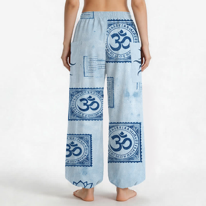 Buddha Stones Pantaloni harem da donna in cotone vintage con motivo Om e sole, vita elasticizzata e tasche laterali. - image 9
