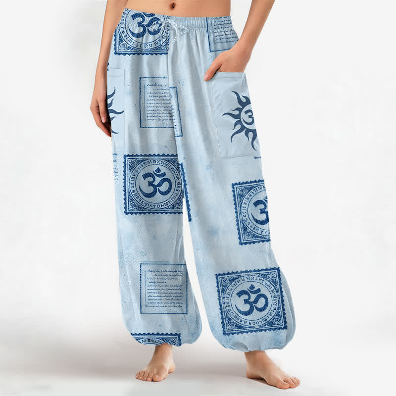 Buddha Stones Pantaloni harem da donna in cotone vintage con motivo Om e sole, vita elasticizzata e tasche laterali. - Azzurro cielo chiaro - US16, UK/AU20, EU48 (3XL) - image 7