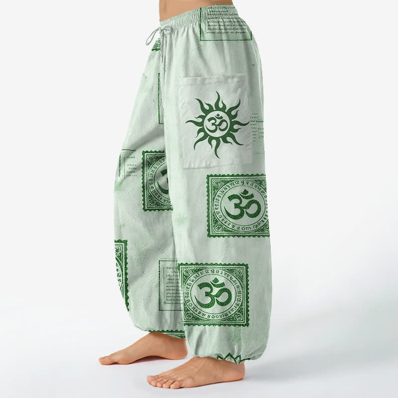 Buddha Stones Pantaloni harem da donna in cotone vintage con motivo Om e sole, vita elasticizzata e tasche laterali. - image 11