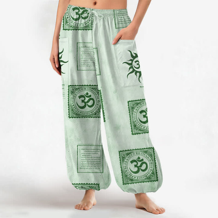 Buddha Stones Pantaloni harem da donna in cotone vintage con motivo Om e sole, vita elasticizzata e tasche laterali. - Acquamarina - US16, UK/AU20, EU48 (3XL) - image 10