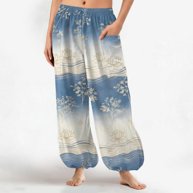 Buddha Stones Pantaloni harem da donna in cotone con motivo a onde di loto e vita elasticizzata, con tasche laterali. - Blu fiordaliso - US16, UK/AU20, EU48 (3XL) - image 0