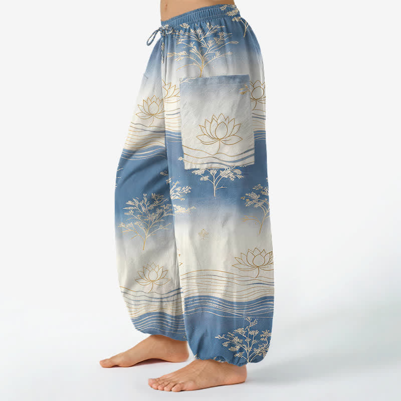 Buddha Stones Pantaloni harem da donna in cotone con motivo a onde di loto e vita elasticizzata, con tasche laterali. - image 1