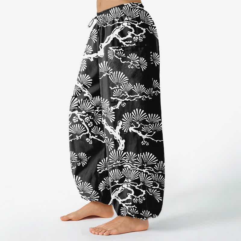 Buddha Stones Pantaloni harem da donna in cotone con motivo floreale orientale e vita elasticizzata, con tasche laterali. - image 1