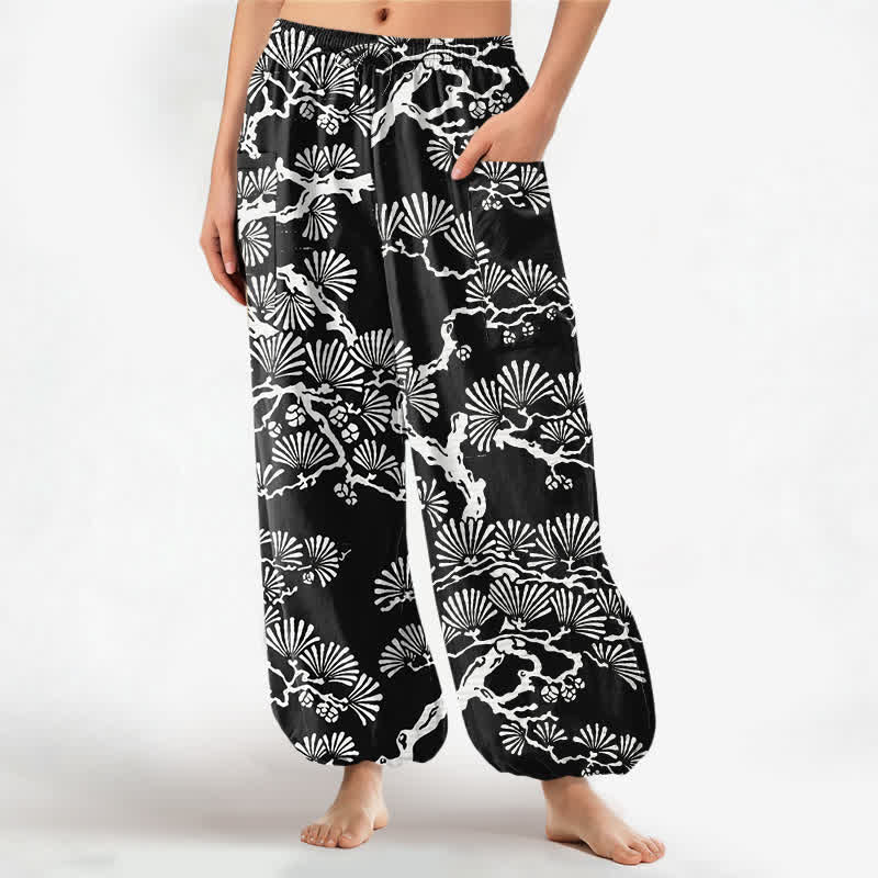 Buddha Stones Pantaloni harem da donna in cotone con motivo floreale orientale e vita elasticizzata, con tasche laterali. - Nero - US16, UK/AU20, EU48 (3XL) - image 0