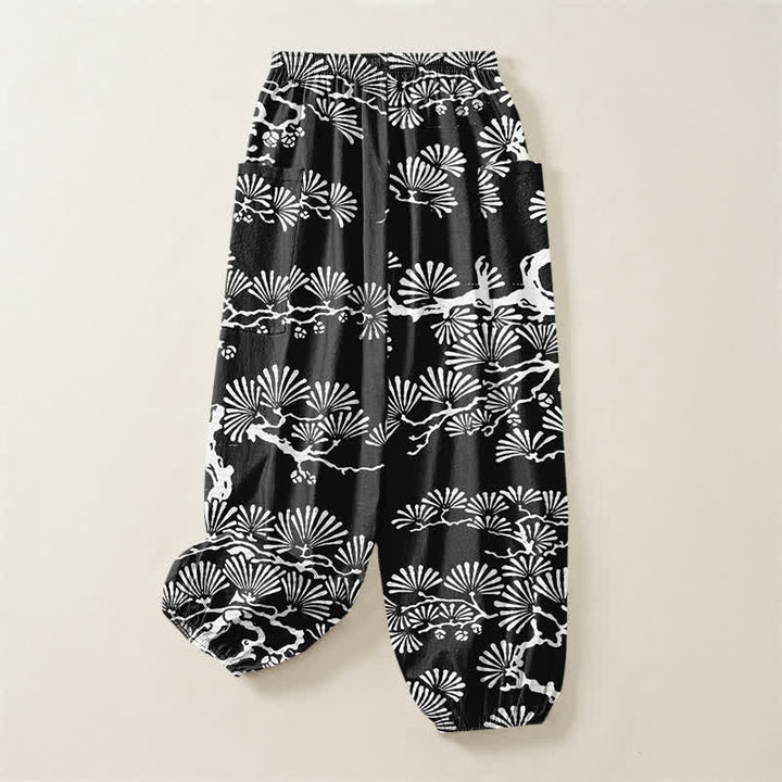 Buddha Stones Pantaloni harem da donna in cotone con motivo floreale orientale e vita elasticizzata, con tasche laterali. - image 4