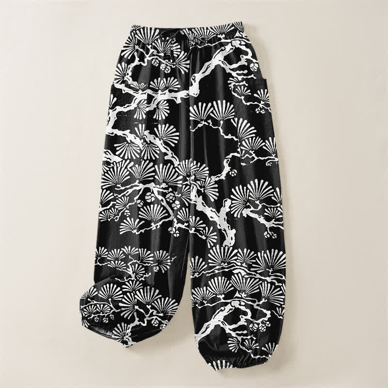 Buddha Stones Pantaloni harem da donna in cotone con motivo floreale orientale e vita elasticizzata, con tasche laterali. - image 3