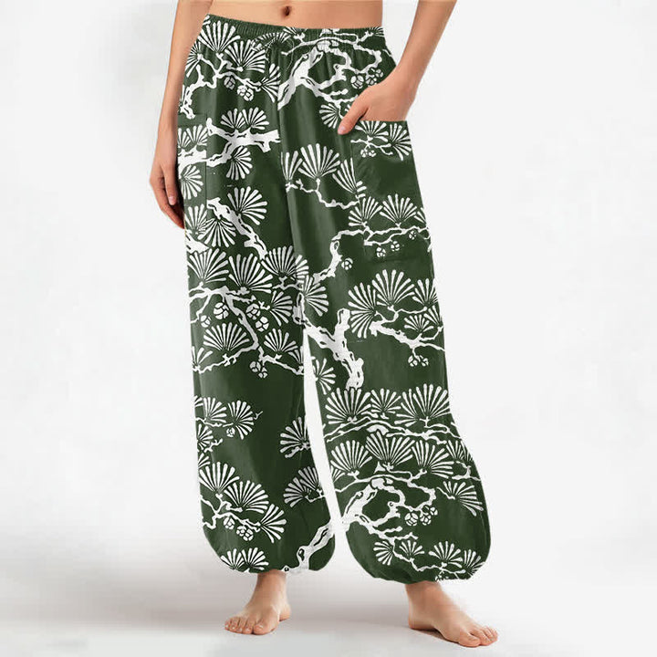 Buddha Stones Pantaloni harem da donna in cotone con motivo floreale orientale e vita elasticizzata, con tasche laterali. - Verde scuro - US16, UK/AU20, EU48 (3XL) - image 10