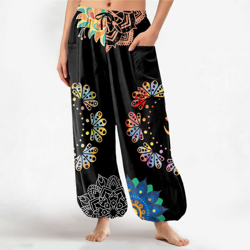 Buddha Stones Pantaloni harem da donna in cotone con elastico in vita e motivo mandala loto OM, con tasche laterali. - Nero - US16, UK/AU20, EU48 (3XL) - image 0