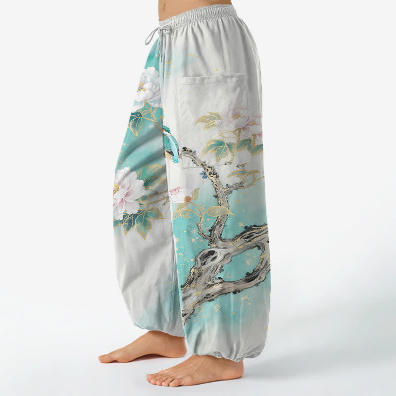 Buddha Stones Pantaloni harem da donna in cotone con elastico in vita e motivo a peonie e uccelli, con tasche laterali. - image 1