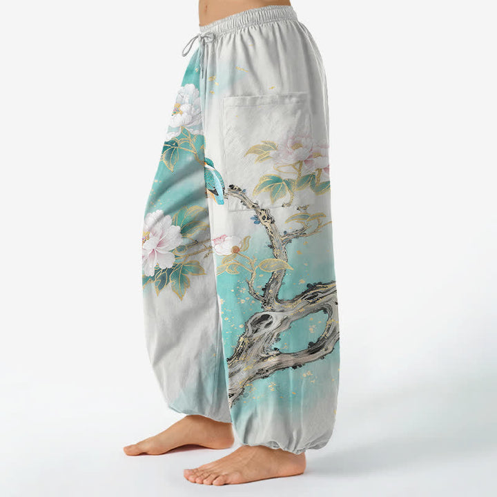 Buddha Stones Pantaloni harem da donna in cotone con elastico in vita e motivo a peonie e uccelli, con tasche laterali. - image 1