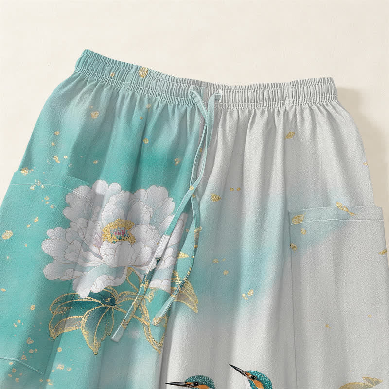Buddha Stones Pantaloni harem da donna in cotone con elastico in vita e motivo a peonie e uccelli, con tasche laterali. - image 5