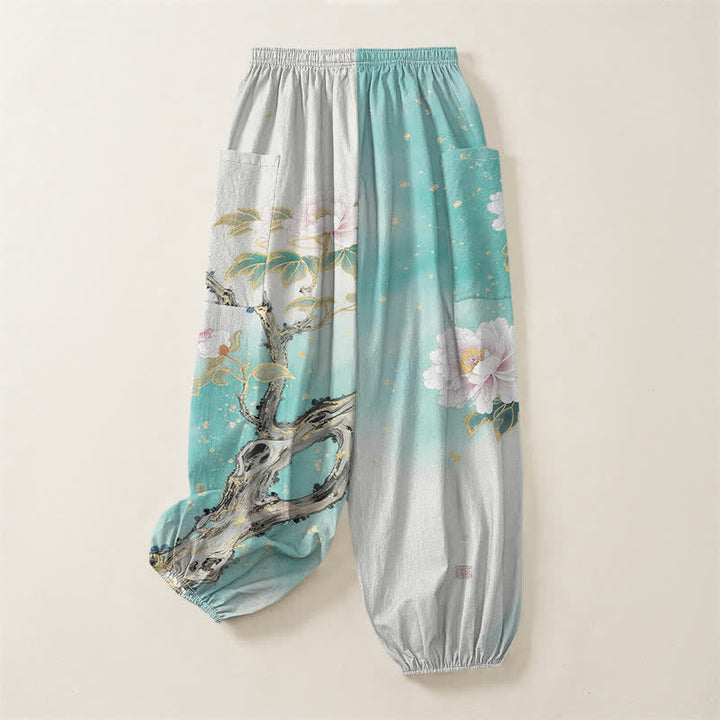 Buddha Stones Pantaloni harem da donna in cotone con elastico in vita e motivo a peonie e uccelli, con tasche laterali. - image 4