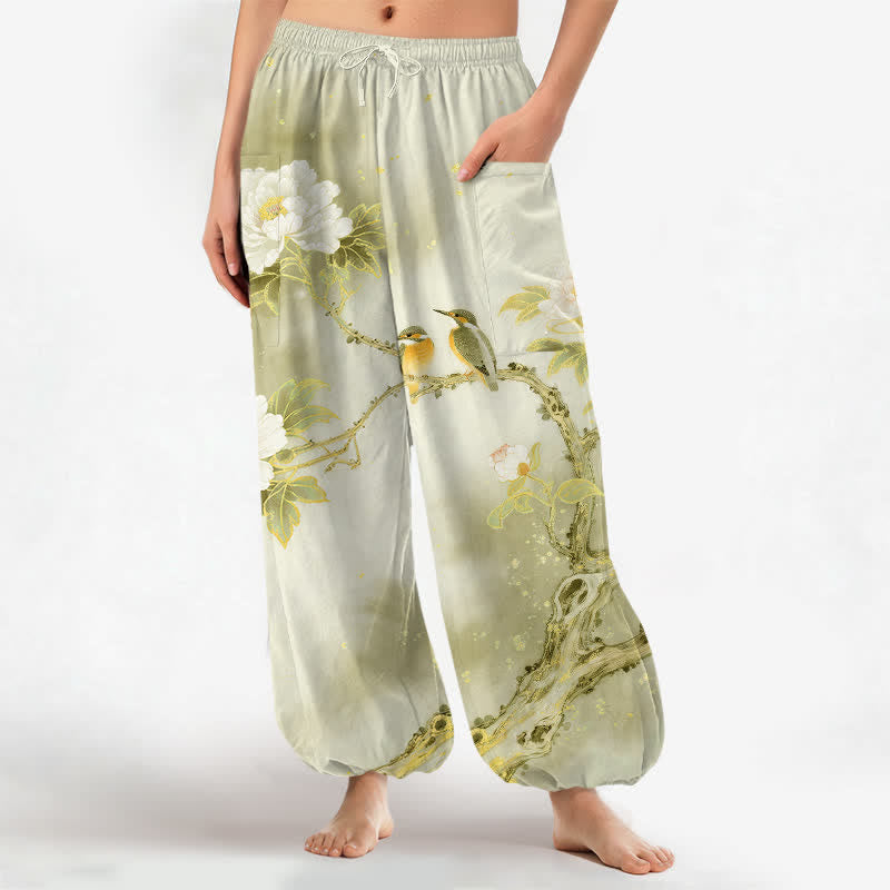Buddha Stones Pantaloni harem da donna in cotone con elastico in vita e motivo a peonie e uccelli, con tasche laterali. - GialloVerde - US16, UK/AU20, EU48 (3XL) - image 7