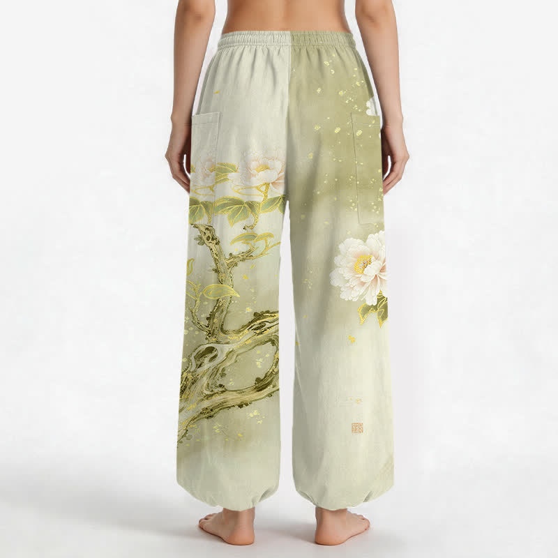 Buddha Stones Pantaloni harem da donna in cotone con elastico in vita e motivo a peonie e uccelli, con tasche laterali. - image 9