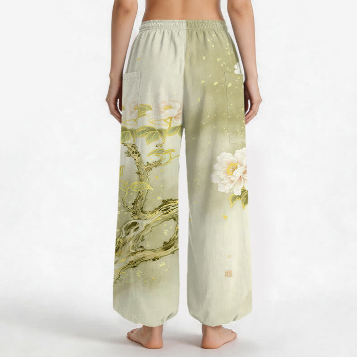 Buddha Stones Pantaloni harem da donna in cotone con elastico in vita e motivo a peonie e uccelli, con tasche laterali. - image 9