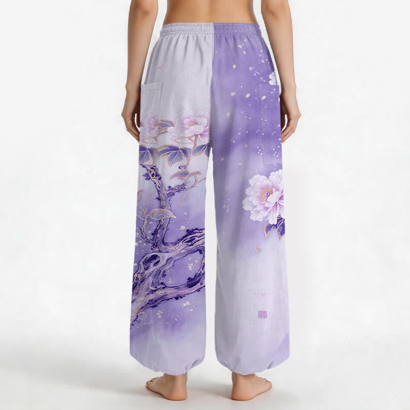 Buddha Stones Pantaloni harem da donna in cotone con elastico in vita e motivo a peonie e uccelli, con tasche laterali. - image 12