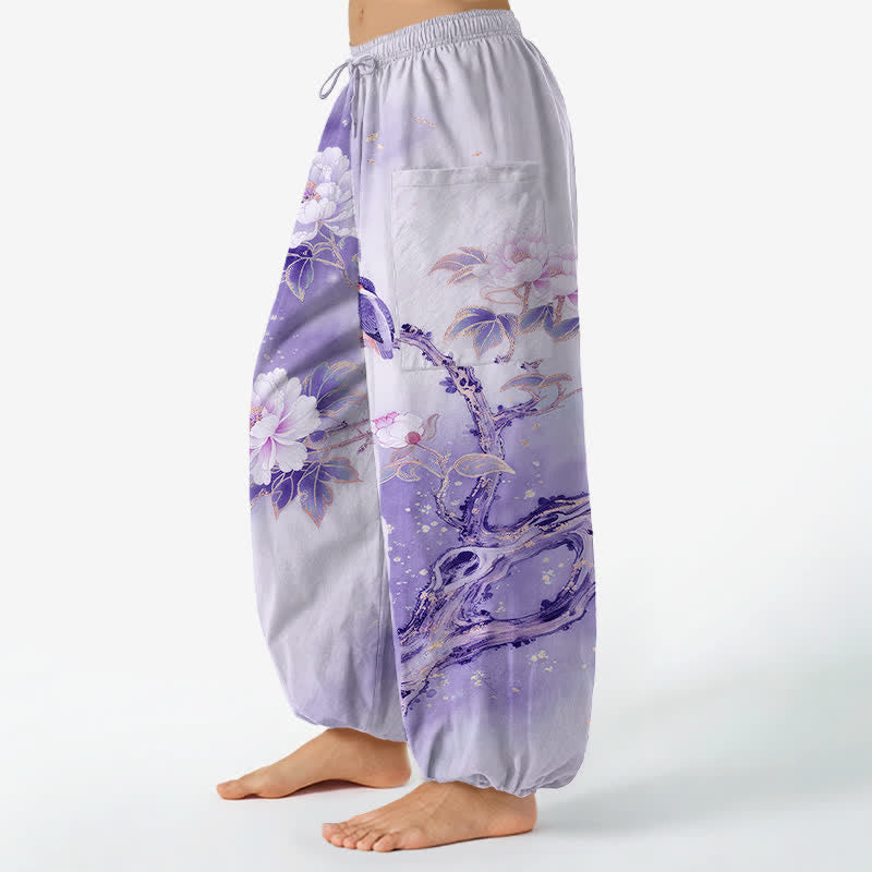 Buddha Stones Pantaloni harem da donna in cotone con elastico in vita e motivo a peonie e uccelli, con tasche laterali. - image 11