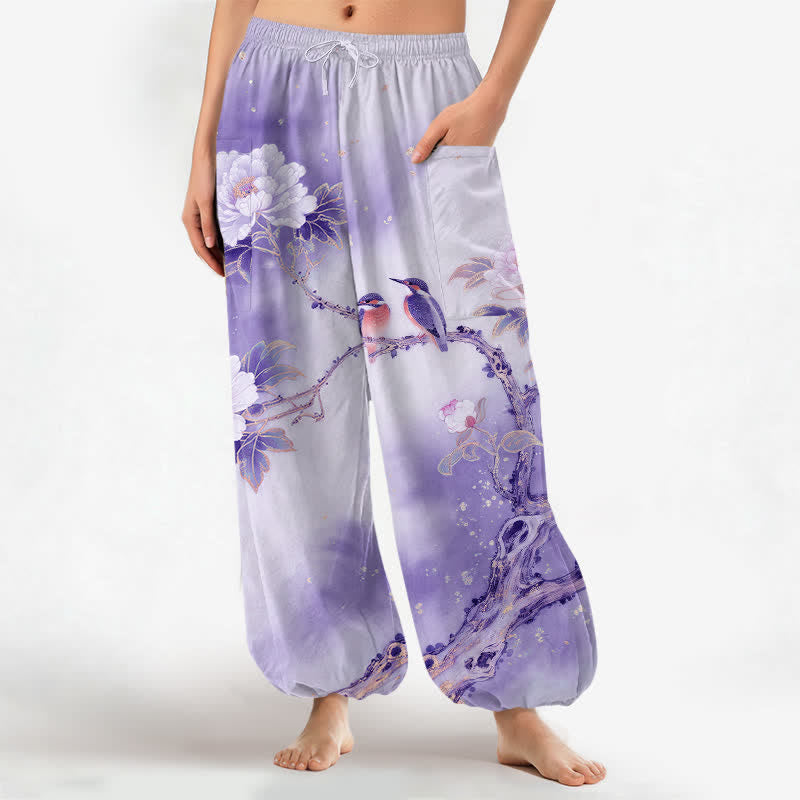 Buddha Stones Pantaloni harem da donna in cotone con elastico in vita e motivo a peonie e uccelli, con tasche laterali. - Viola medio - US16, UK/AU20, EU48 (3XL) - image 10