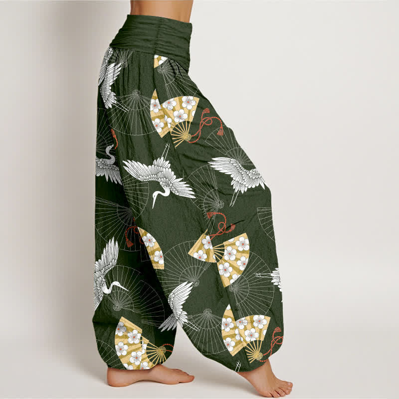 Buddha Stones Pantaloni harem da donna in cotone con motivo a ventaglio di gru orientale e elastico in vita. - image 1