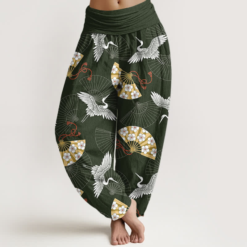 Buddha Stones Pantaloni harem da donna in cotone con motivo a ventaglio di gru orientale e elastico in vita. - Verde scuro - US16, UK/AU20, EU48 (3XL) - image 0