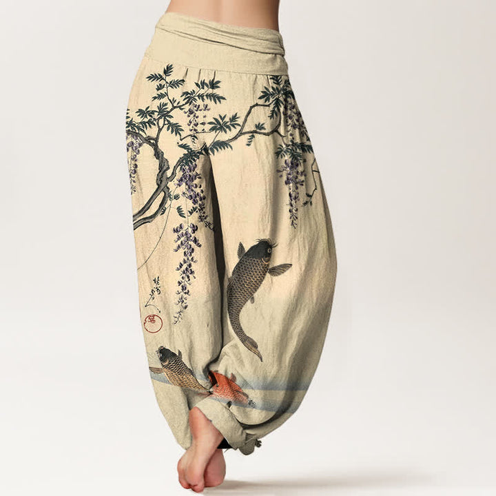 Buddha Stones Pantaloni harem da donna in cotone con motivo a carpe koi e glicine, con elastico in vita. - image 2