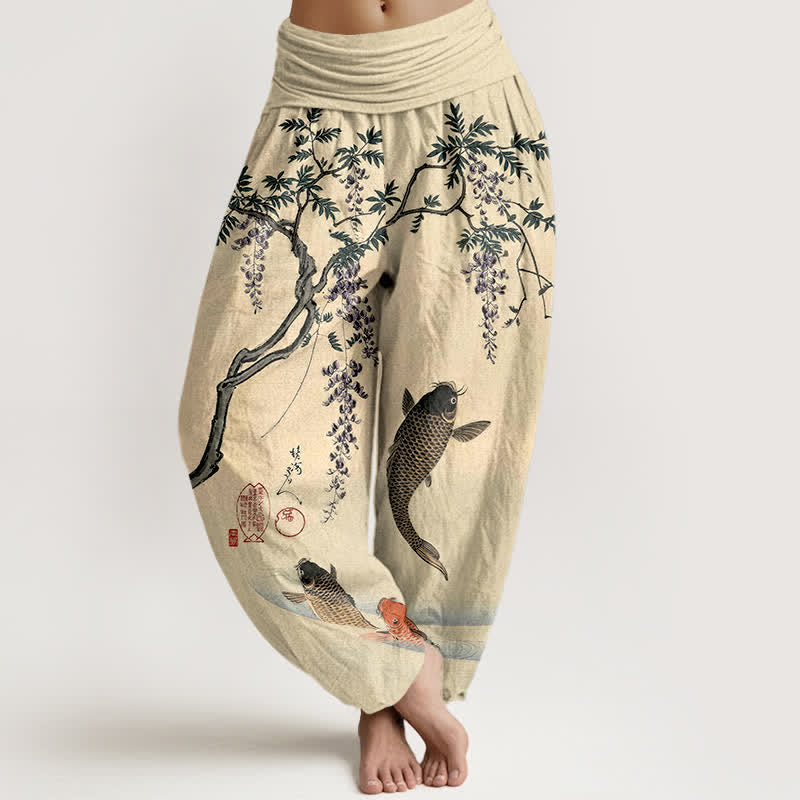 Buddha Stones Pantaloni harem da donna in cotone con motivo a carpe koi e glicine, con elastico in vita. - LemonChiffon - US16, UK/AU20, EU48 (3XL) - image 0