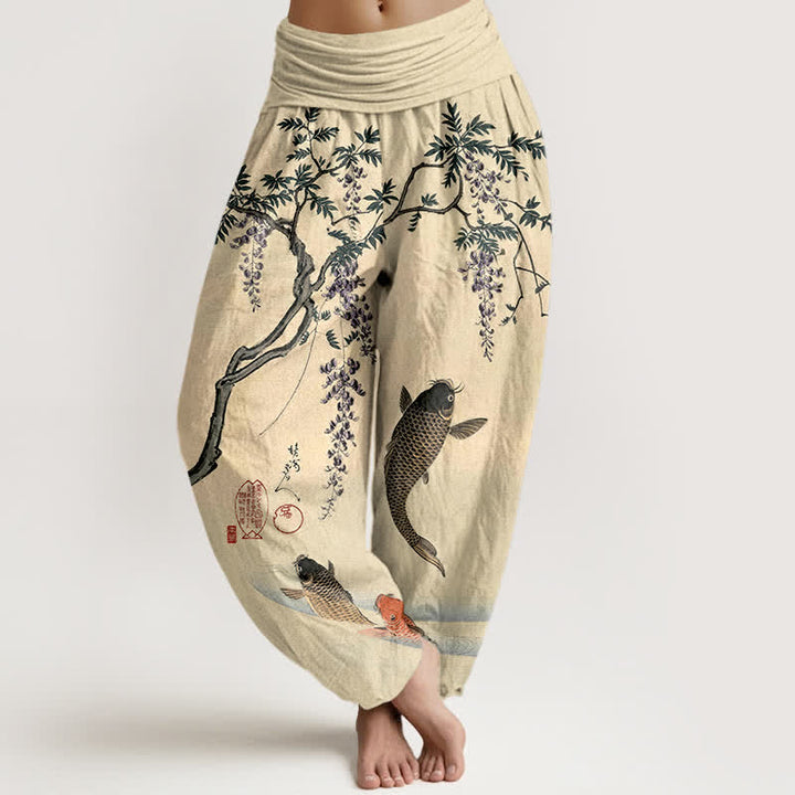 Buddha Stones Pantaloni harem da donna in cotone con motivo a carpe koi e glicine, con elastico in vita. - LemonChiffon - US16, UK/AU20, EU48 (3XL) - image 0