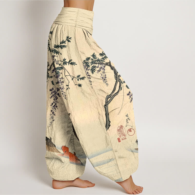 Buddha Stones Pantaloni harem da donna in cotone con motivo a carpe koi e glicine, con elastico in vita. - image 1